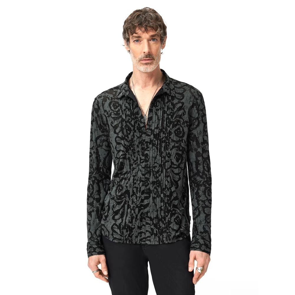 John Varvatos Mens Florian Shirt Size L Gray Black Pintuck Pleated Print Button